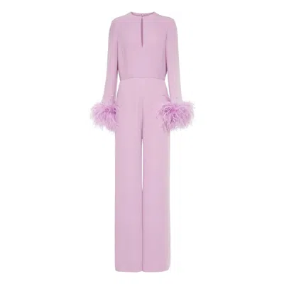 Pre-owned Valentino Lilac Feather-trimmed Silk-cady Wide-leg Jumpsuit In Purple