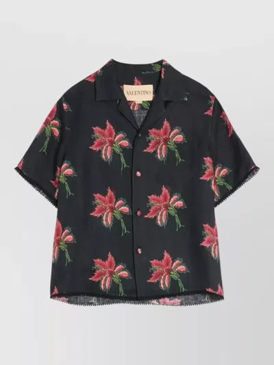 Valentino Camp Collar Shirt Floral Pattern Short Sleeves In Blue