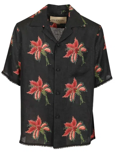 Valentino Camp Collar Shirt Floral Pattern Short Sleeves In Blue