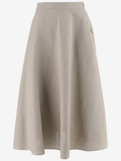 Valentino Linen Canvas Midi Skirt In Beige