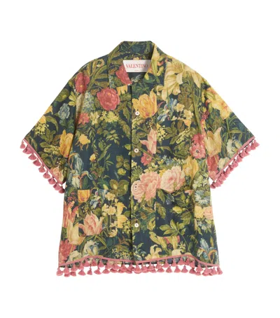 VALENTINO LINEN FLORAL TASSEL-TRIM SHIRT