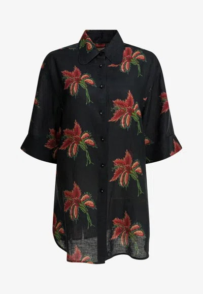 Valentino Linen Floral Print Shirt In Black
