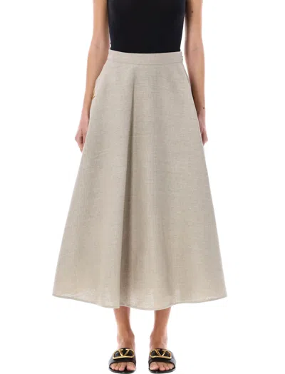 Valentino Linen Midi Skirt In Beige Gravel