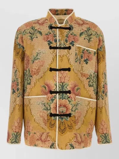Valentino Linen Shirt Contrast Trim Floral Pattern In Yellow