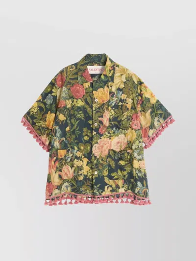 VALENTINO LINEN SHIRT FLORAL PRINT FRINGED EDGE