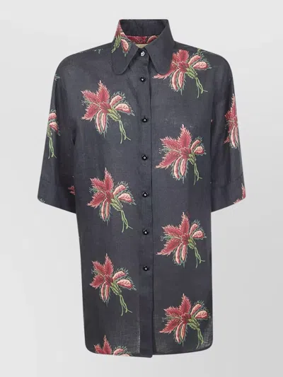 Valentino Linen Shirt Relaxed Fit Floral Pattern In Black