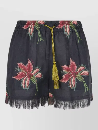 Valentino Linen Shorts Floral Pattern Fringe Tassels In Multi