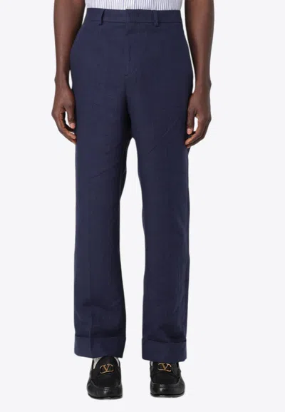 Valentino Linen Straight Pants In Blue