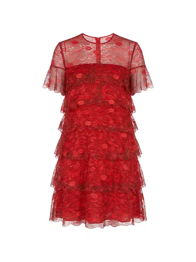 Valentino Lips-pattern Tiered Dress In Red