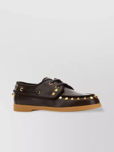 Valentino Garavani Loafers With Studded Detailing And Eyelet Accents In Brown