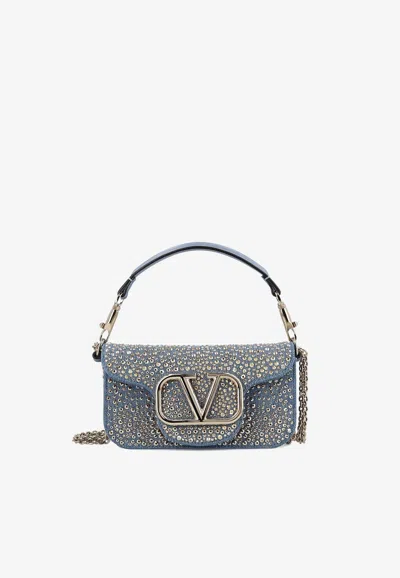 Valentino Garavani Locò Crystal Embellished Denim Shoulder Bag In Blue