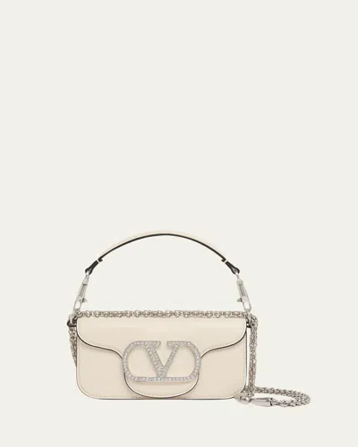 Valentino Garavani Loco Crystal Vlogo Leather Shoulder Bag In White