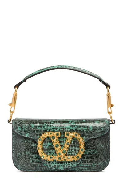 Valentino Garavani Garavani Locò Small Shoulder Bag In Tejus With Jewel Logo Woman Ice Green/erinite