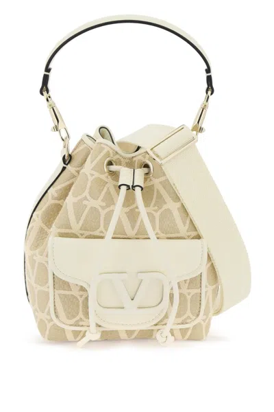 Valentino Garavani Locò Iconographer Toile Bucket Handbag In White