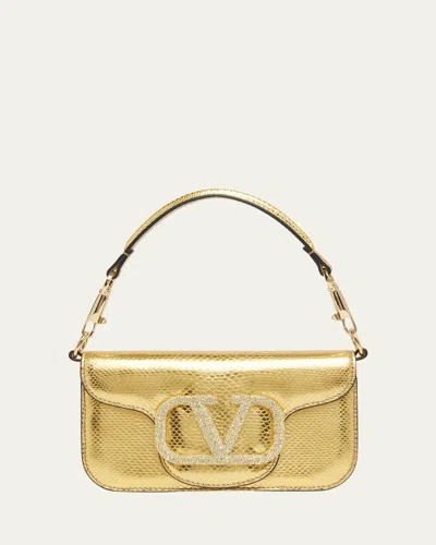 Valentino Garavani Locò Metallic Calfskin Leather Shoulder Bag In Oro/sabbia/jonquille
