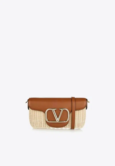 Valentino Garavani Locò Raffia Shoulder Bag In Beige