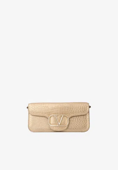 Valentino Garavani Locò Shoulder Bag In Laminated Crocodile Leather With Vlogo Plaque In Gold