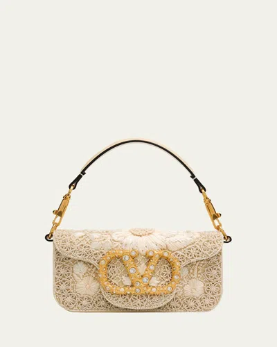 Valentino Garavani Loco Small Beaded Embroidered Moire Top-handle Bag In Neutral