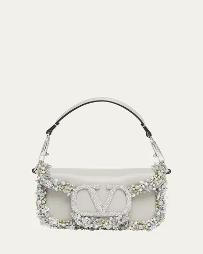 Valentino Garavani Loco Small Jeweled Leather Shoulder Bag In Crystal-peridotopal Grey