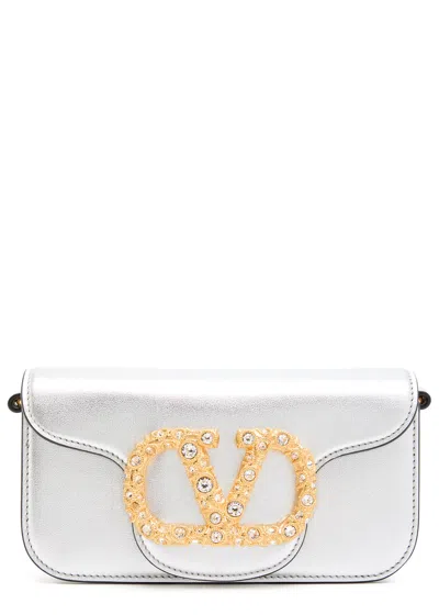 Valentino Garavani Valentino Locò Small Metallic Grained Leather Shoulder Bag In Silver