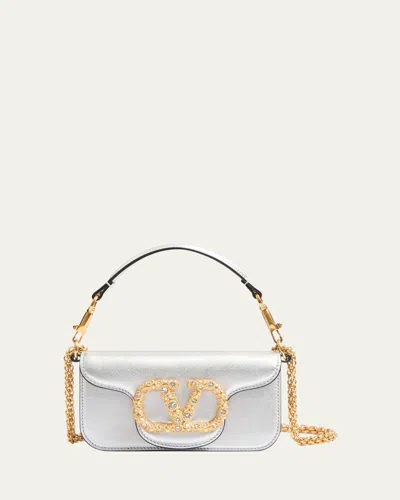 Valentino Garavani Loco Small Metallic Leather Crossbody Bag In Silver Crystal