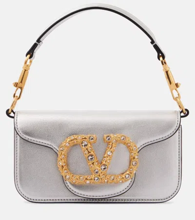 Valentino Garavani Locò Small Metallic Leather Shoulder Bag In Silver