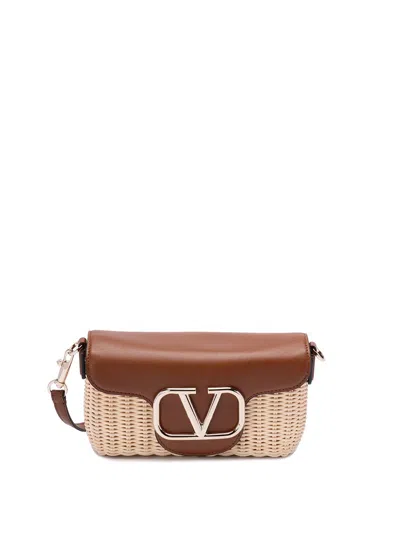 Valentino Garavani Locò Straw & Leather Shoulder Bag In Beige