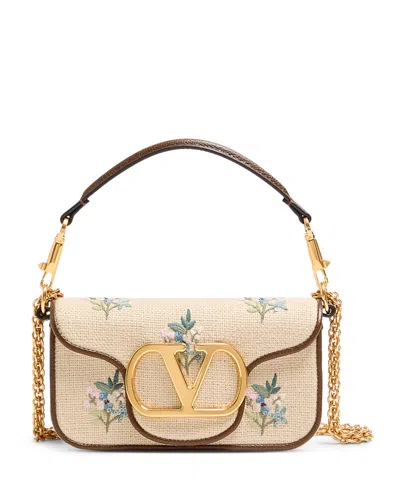 Valentino Garavani Loco Vlogo Small Embroidered Linen Shoulder Bag In Neutral