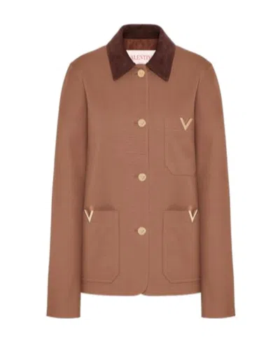 Valentino Cotton Jacket V-shaped Embellishments In Clay