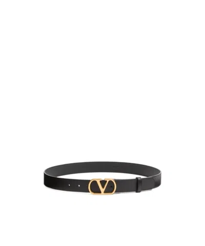 Valentino Garavani Elegant Black Leather Belt With Gold Buckle 30 Mm