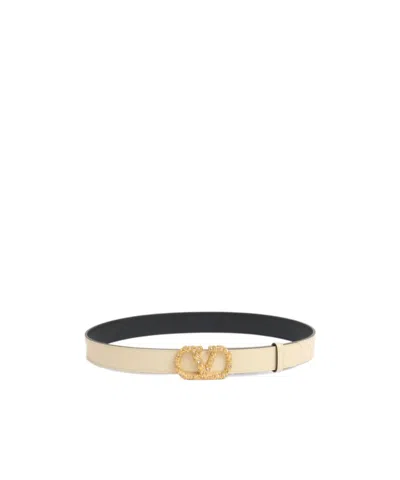 Valentino Garavani Logo Belt In Cream White/gold