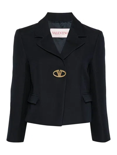 Valentino Single-breasted Navy Wool Crop Jacket In Black