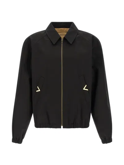 Valentino Logo Plaque Zip-up Bomber Jacket In Brown