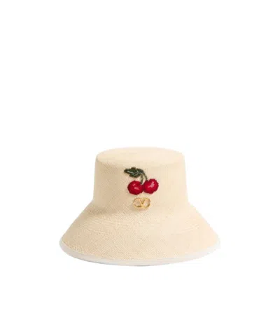 VALENTINO GARAVANI VLOGO SIGNATURE STRAW BUCKET HAT WITH LEATHER TRIM AND CHERRY EMBROIDERY