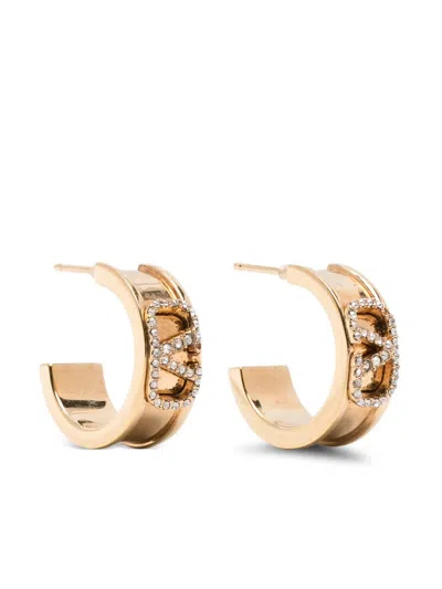 Pre-owned Valentino Garavani Logo Crystal Earrings In Gold