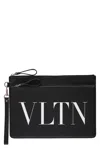 Valentino Logo Detail Flat Leather Pouch In Black