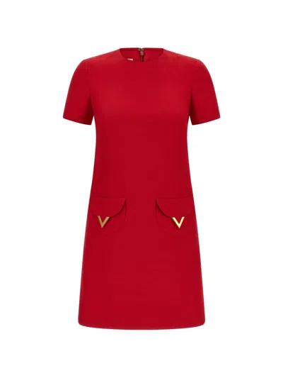 Valentino Womens Paris Pocket-front Short-sleeve Wool-blend Midi Dress In Red