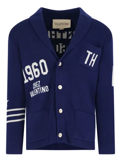 Valentino Crewneck Sweater With Embroidered Design And Front Pockets In Blue