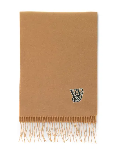 Valentino Logo-embroidered Fringed Scarf In Brown
