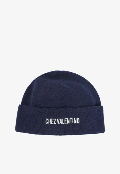 Valentino Garavani Cotton And Wool Blend Beanie With Turn-up Brim In Blue