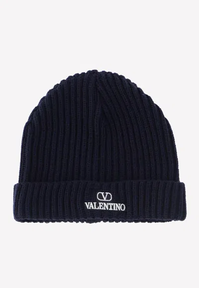 Valentino Garavani Logo-embroidered Wool Beanie In Blue