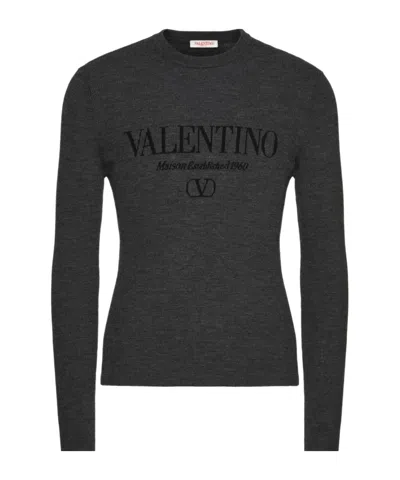 Valentino Logo Wool Crewneck Sweater In Grey