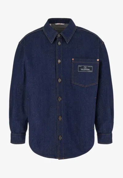 Valentino Logo Label Denim Shirt In Blue