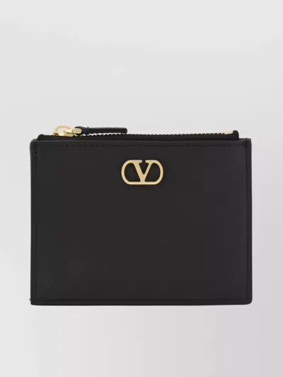 Valentino Garavani Logo Leather Card Holder With Gold-tone Hardware In Black