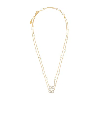 Valentino Garavani Logo Necklace In Cream/crystal Silver