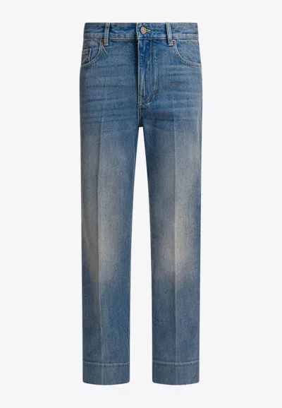 Valentino Logo Patch Faded Straight-leg Jeans In Blue
