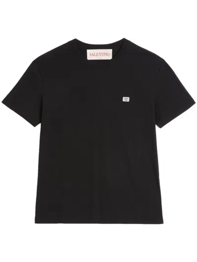 Valentino Garavani Black Crewneck T-shirt With Logo Patch On The Front In Cotton Man