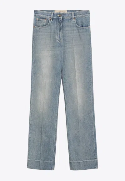 Valentino Logo Patch Straight-leg Faded Jeans In Blue
