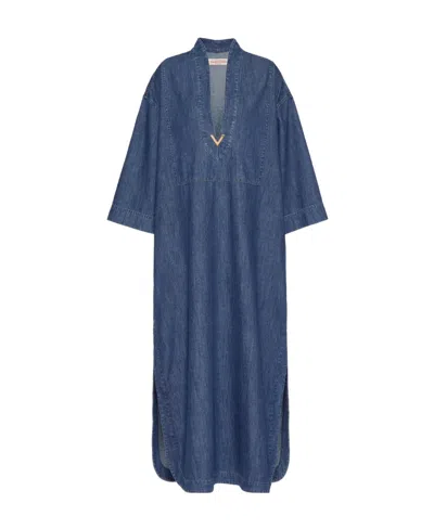 Valentino Logo Plaque Denim Kaftan In Blue