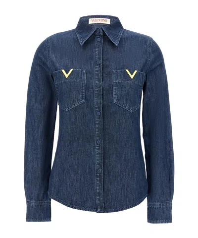 Valentino Logo-plaque Denim Shirt In Blue